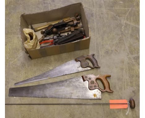 Miscellaneous hand tools: - two Stanley and Record wheel braces (record brace has bit storage in the handle),- three marking 