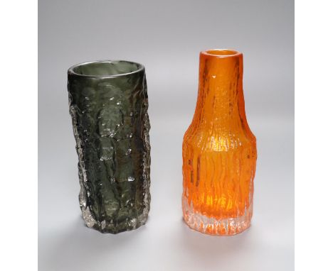 A Whitefriars cylindrical bark-textured pewter glass vase, 18.5cm, and a similar tangerine glass vase, 20cm