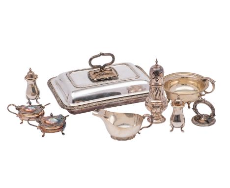 A group of silver plated items, comprising of: a four-piece cruet set, rectangular entree dish and cover, circular single han