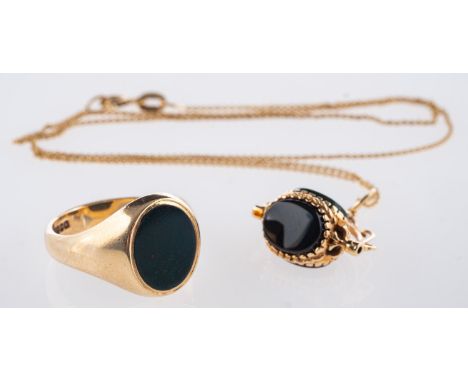 A signet ring, fob & chain, a 9ct yellow gold signet ring set with an oval bloodstone, UK hallmark, size R1/2, 6.5grams; an o