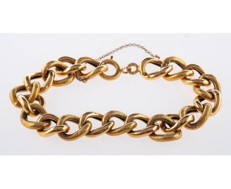 A curb link bracelet, with alternating plain and patterned open links, safety chain, bolt ring closure, marked with indistinc