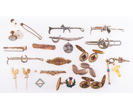 A collection of costume jewellery and some 9ct gold, to include brooches, tie slides, cufflinks, stick pins, etc, total gross