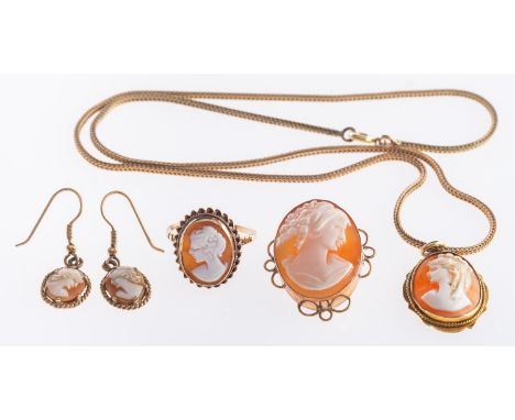 A group of cameo jewellery, including a pendant, marked 9ct on a gilt snake chain, unmarked & untested, length of chain appro