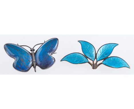Two Norwegian brooches, a Norwegian silver blue enamel brooch of four leaves by David Anderson, signed, marked 925s, sterling