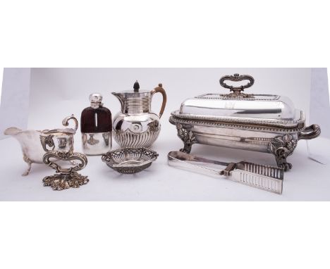 A group of silver plated items, comprising of; a glass and leather sprit flask with bayonet lid, a lidded jug, an entree dish