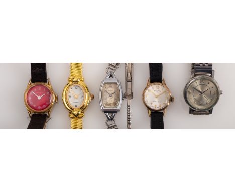A group of watches, to include a 9ct yellow gold cased Rotary watch on black leather strap and four other fashion watches inc