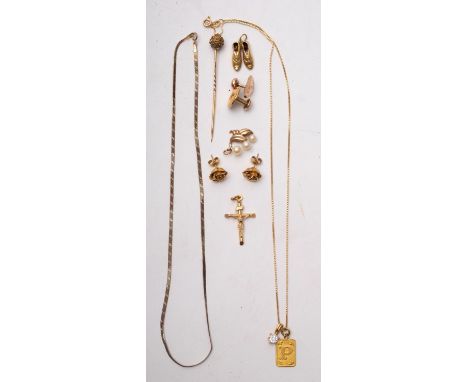 A pair of gold earrings in the form of roses, a gold cross, chain with pendant. cultured pearl pendant and other items, stick