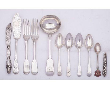 A small group of silver flatware comprising of; a Victorian Fiddle pattern sauce ladle with engraved crest, four George III O