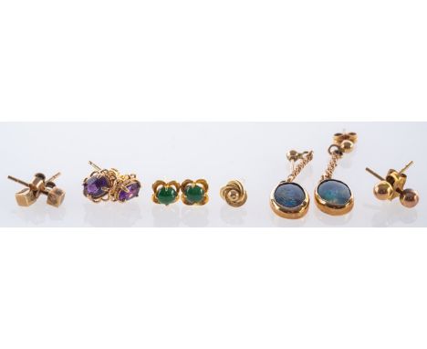 A mixed group of earrings, to include a pair of studs set with a turquoise cabochon stone, unmarked & untested; a pair of stu