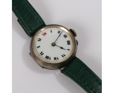 Silver wristwatch, the white dial with Roman numerals, manual wound, the case 28mm diameter
