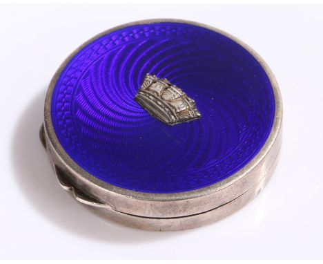 George VI silver compact, Birmingham 1939, maker John William Barrett, the blue swirled enamel exterior with crown to the cen