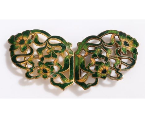 Art Nouveau enamel buckle, with green pierced foliate decoration, 9.5cm wide, 