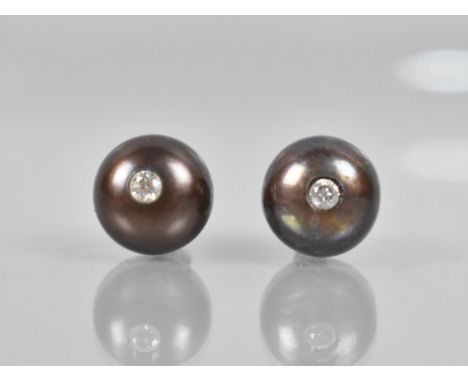A Pair of Chocolate Pearl Earrings Mounted to Centre with Single Round Cut Diamond Measuring Approx 2.7mm and Pearls 11mm on 