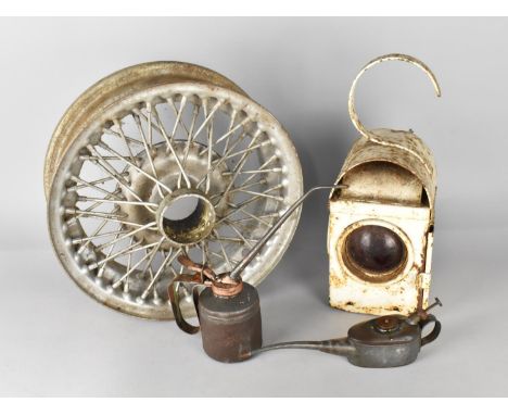 A Collection of Vintage Automobile Items to Comprise Car Spoke Wheel Alloy, White Painted Road Lamp and Two Oil Cans 