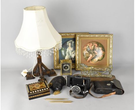 A Collection of Sundries to Comprise Pair of Gilt Framed Printed Plaques, Oak Table Lamp and Shade, Kodak Folding Camera, Bra