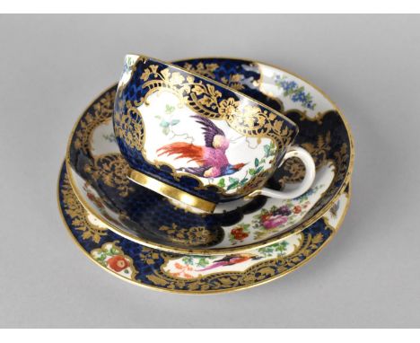 An 18th/19th Century Worcester Type Tea Trio to comprise Cup, Saucer and Plate, Decorated with Floral Garland and Bird Cartou