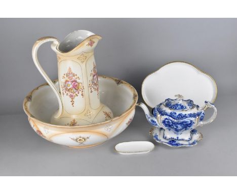 A Collection of Early 20th Century Ceramics to Comprise Crown Devon Blush Ivory Toilet Jug and Bowl, Flow Blue Teapot and Sta