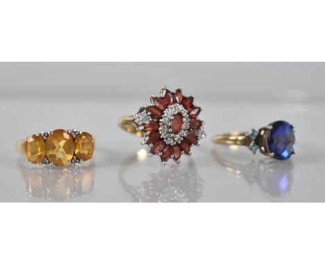 Three 9ct Gold Mounted jewelled Rings to include Citrine, Garnet Mounted Examples, 11.4gms, Sizes O, P and R 