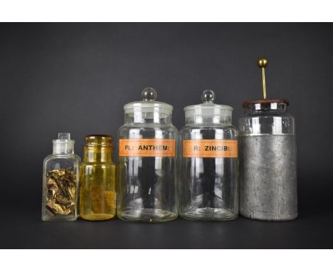 A Collection of Various Vintage Chemists Jars to include Two with Labels, Measuring 29cms High 