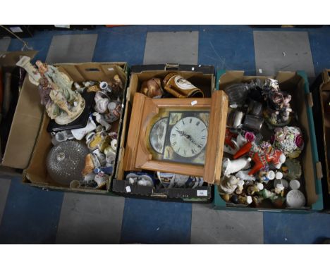 Three Boxes of Various Ceramics, Wooden Cased Clock Etc 
