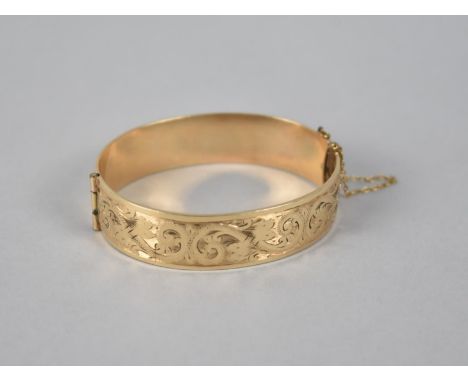 A Vintage Gold Plated Hinged Bangle, 9ct Gold on a Metal Core, Stamped HG and S, Engraved Decoration to Front Panel, 