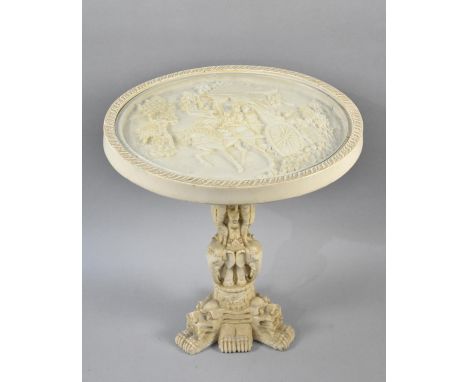 A Chinese Style Faux Ivory Circular Topped Table Decorated in Relief to Top with Cart Horse and Figures Raised on Elephant Su