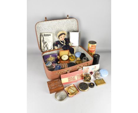 A Vintage Travelling Case Containing Various Vintage Sundries to Comprise Ladies Compacts, Lighters, Sailor Doll, Jame Bond P