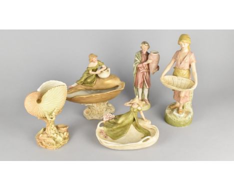 Four Pieces of Royal Dux to Comprise Figural Salt Modelled as Standing Lady with Basket, 26cm high, Figural Dish and Pedestal