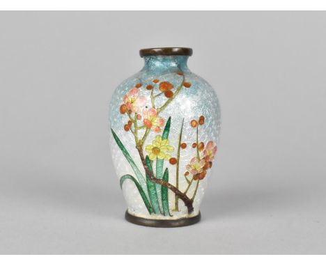 A Small Early/Mid 20th Century Japanese Ginbari Enamel Vase with Blossoming Branch on Transitional Blue Ground, Signed to bas