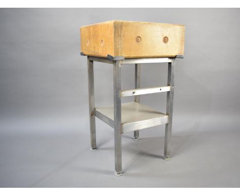 A Vintage Butchers Block on Metal Support with Stretcher Shelf, 84cms High 