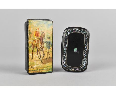 A 19th Century Papier Mache Snuff Box, the Hinged Lid Decorated with Jockey on Horse with Attendant, Together with a Further 