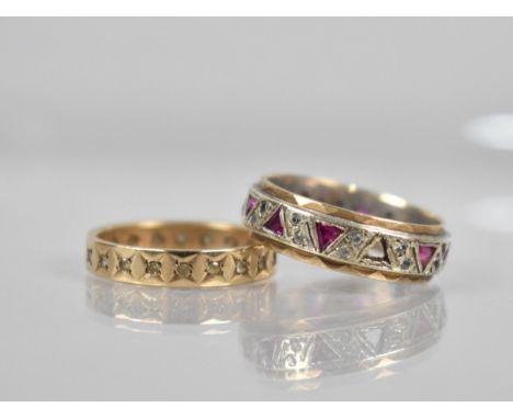 Two 9ct Gold Eternity Rings, One having Silver Inner Band, Triangular Cut Rubies and Small Round Cut CZ Stones, (one Ruby Mis