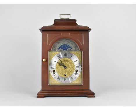 A Franz Hermle Mahogany Cased Bracket Clock of Architectural Form with Foliate Brass Square Face Having Silvered Chapter Ring