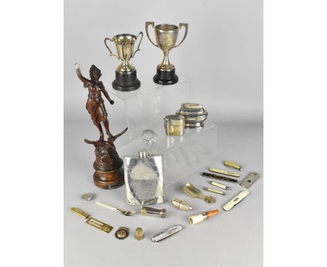 A Collection of Various Sundries to Comprise French Bronzed Figure (AF), Silver Plated Trophies, Vintage Pen Knives, Table Li