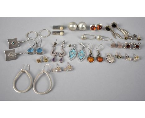 A Large Collection of Various Silver Earrings to include Navajo Style, Amber Mounted, Modernist, Jewelled Etc 