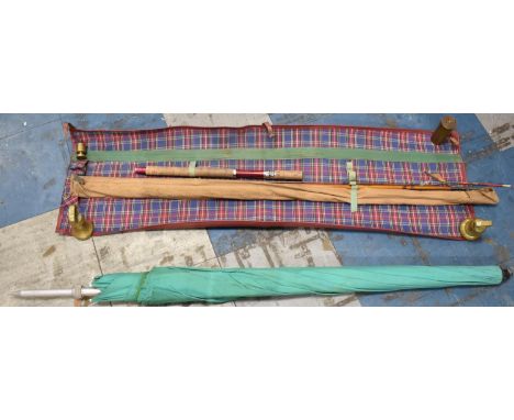 A Vintage Split Cane Royal Seal Brand Fishing Rod in Leather Case together with a Parasol 