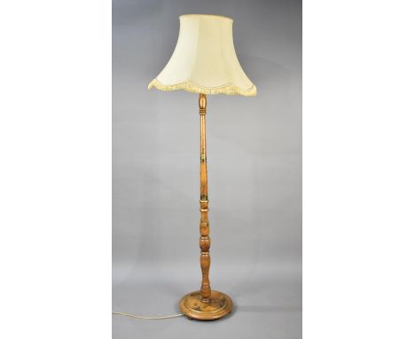 A Turned Wooden Chinoiserie Standard Lamp with Hand Painted Scenes, Complete with Shade 