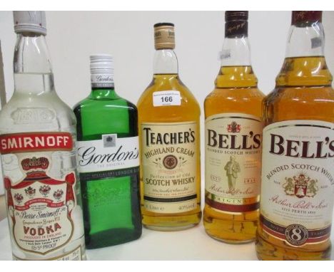 A mixed lot to include two bottles of 1825 Bells blended Scotch Whisky 1l, a litre bottle of Teachers Highland Cream Scotch W