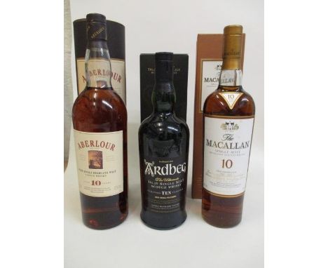 Three bottles of Scotch Whisky to include Aberlour, Ardbeg, Macallan 