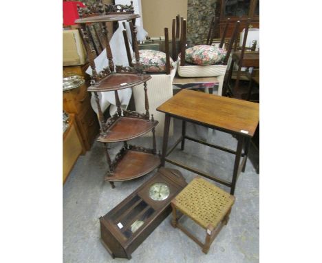 Small furniture to include a reproduction mahogany what not, a walnut occasional table, a stool and an oak cased wall clock 