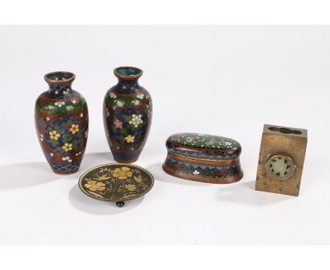 Chinese objects, to include a pair of vases with flower decoration, 10cm high, together with a match holder also decorated wi