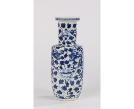 Chinese Qing Dynasty porcelain vase, with Kangxi marks to the base and the rouleau body decorated with dragons amidst blue an