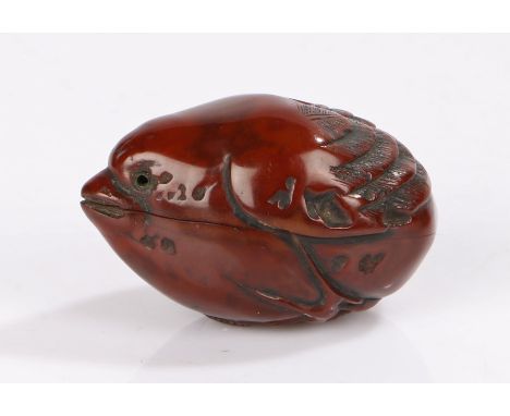 Japanese carved walnut netsuke, Edo period, circa 1840,  of a bird, signed Hidai Issan, 4.3cm longCrack to the front at the t