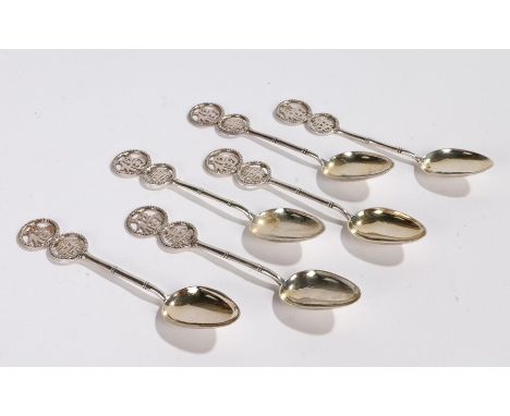 Set of six Chinese silver tea spoons, Qing dynasty, late 19th Century, maker Wang Hing, each spoon with two Chinese character