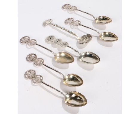 Set of five Chinese silver tea spoons, late 19th Century, maker Wang Hing, with two Chinese characters to the top above a bam