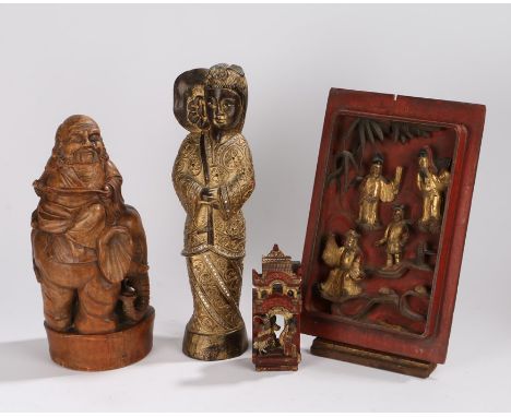 Chinese carving depicting four figures, carved bamboo figure depicting a figure reading a scroll, carving depicting three fig