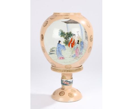 Chinese porcelain and glass lamp, Qing dynasty, the shade with figural scenes in gardens with gilt roundels above the stem ba