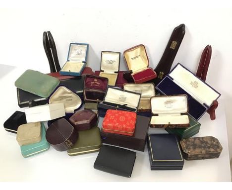 An assortment of modern and vintage jewellery boxes including those from R.W. Proudfoot, Perth, J.L. Munro, St Andrews, John 