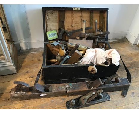 A collection of vintage hand tools including carpenter's planes, saws, drills, measures, files etc., wooden box stamped W.W. 