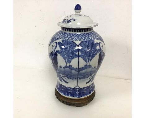 A Chinese blue and white jar of baluster form with an unassociated lid, with six character marks to base and hand written lab